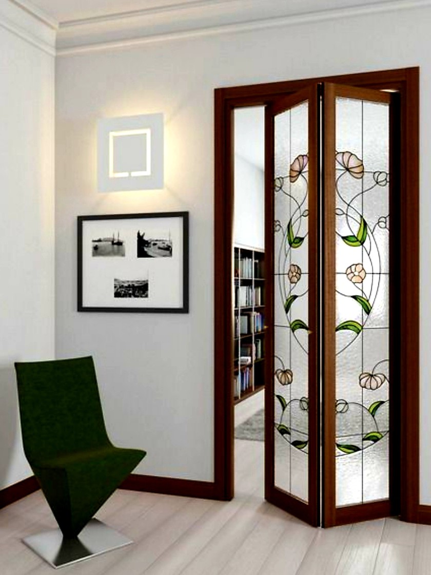 Двери гармошка с витражным декором Тараз