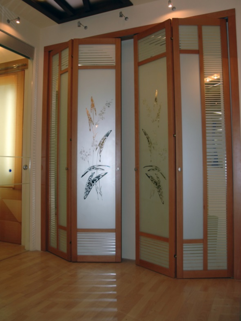 Широкие двери гармошка с матовым стеклом и рисунком Тараз